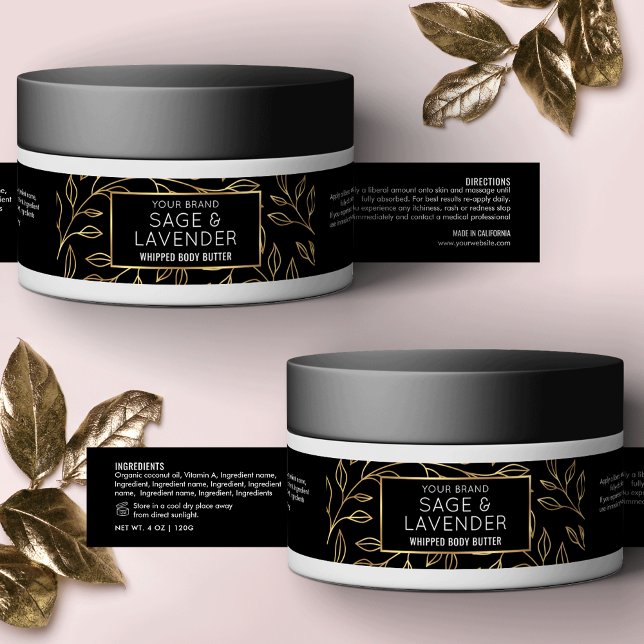 Floral negra y dorada 4 OZ Skincare Jar cosmético (Modern black and gold effect cosmetic jar wraparound label template with floral background)