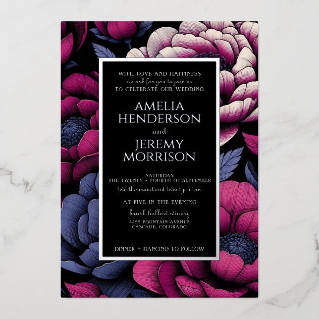 Floral negrita rosa con detalles Invitación al Rel (Anverso)