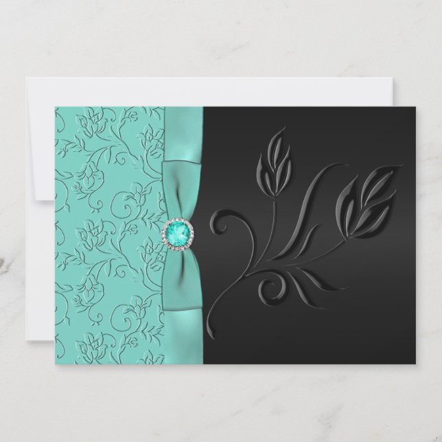 Floral negro y Aqua, invitación a la boda de joyas (Anverso)