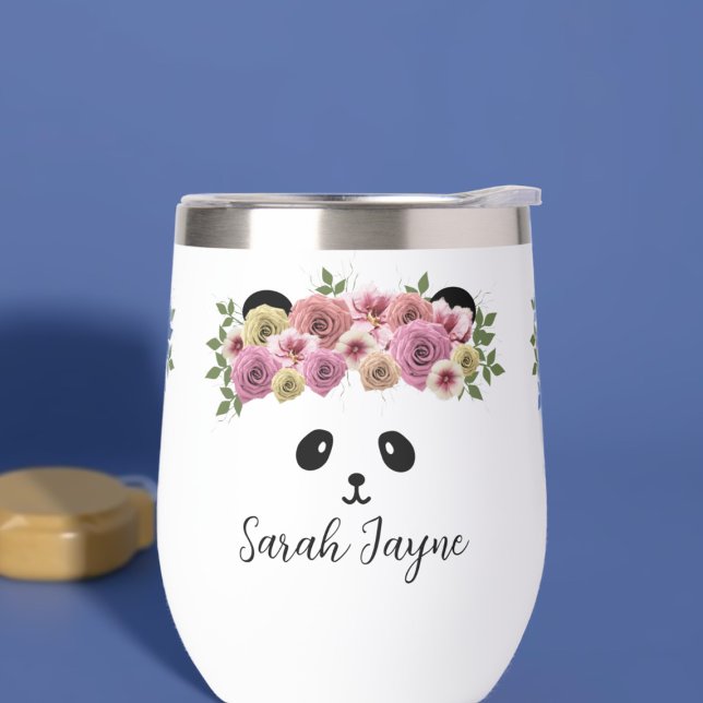 Floral Panda Bear Chica Nombre Tumbler de Vino Ter (A pretty panda thermal tumbler with space for your name)