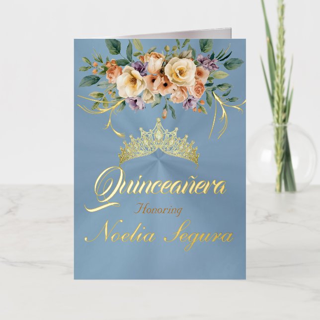 Floral - Pastel Blue Quinceanera Foil Invitation (Anverso)