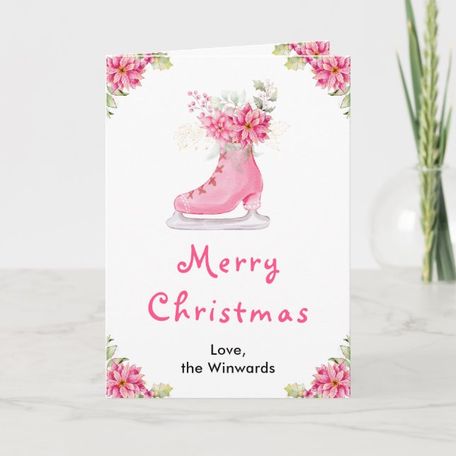 Floral Patinaje sobre Hielo Rosa Feliz Navidad (Anverso)