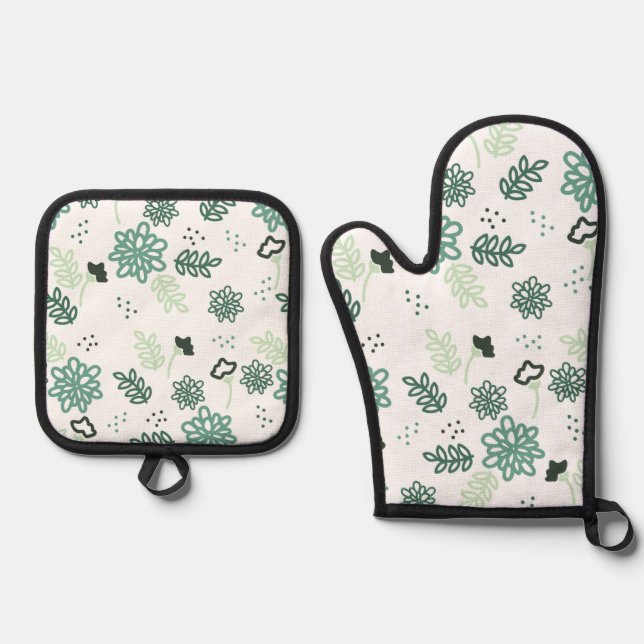 Floral Pattern Potholder Set  Quilted Oven Mitt  (Anverso)