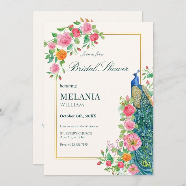 Floral pavo real ducha de novia Invitación (Anverso / Reverso)