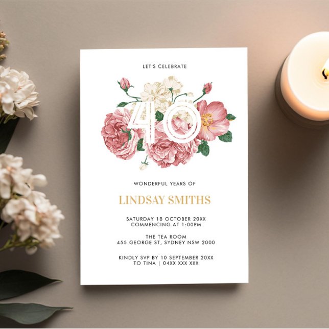 Floral Peonies y Rosas 40ª invitación de cumpleaño (Subido por el creador)