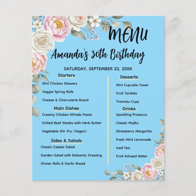 Floral Personalized Birthday Menu Program Card (Frente)