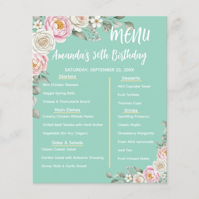 Floral Personalized Birthday Menu Program Card (Frente)