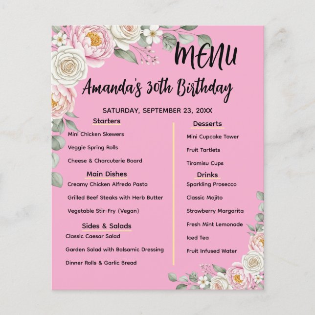 Floral Personalized Birthday Menu Program Card (Frente)