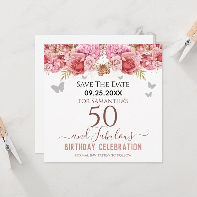 Floral Pink 50 cumpleaños Save the Date (Anverso/Reverso In Situ)