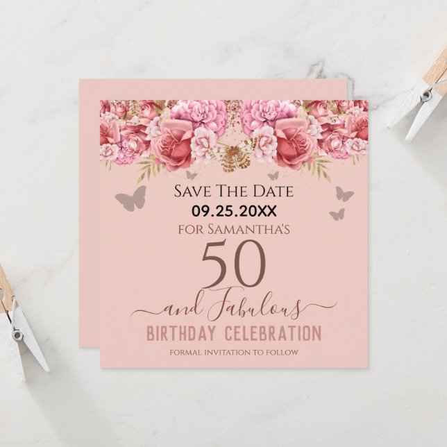 Floral Pink 50 cumpleaños Save the Date (Anverso/Reverso In Situ)
