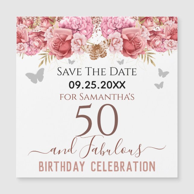 Floral Pink 50 cumpleaños Save the Date Magnet (Anverso)