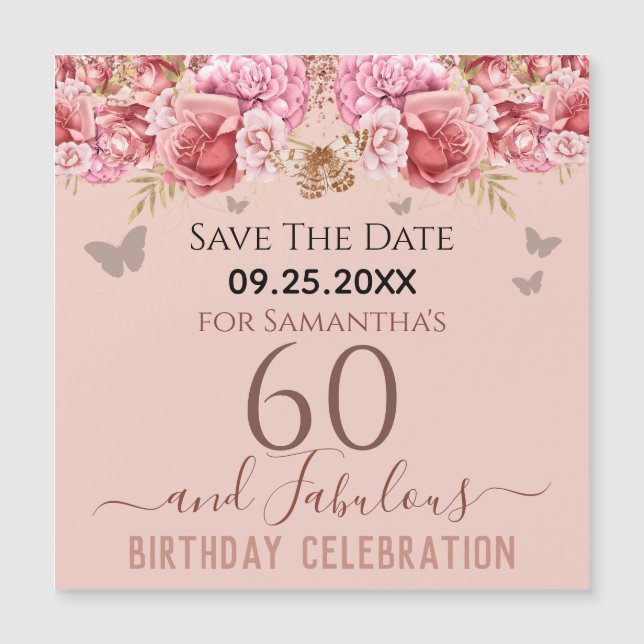 Floral Pink 60 cumpleaños Save the Date Magnet (Anverso)