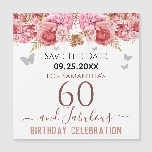 Floral Pink 60 cumpleaños Save the Date Magnet (Anverso)