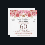Floral Pink 60th Birthday Save the Date<br><div class="desc">Purpurina,  fondo rosa milenario,  con tipografía de nombre de guión sofisticado. Feliz 60 y fabulosa plantilla de diseño de cumpleaños. Roses rosados y borde superior de la mariposa. Excelente para las celebraciones del 60. Guarda el recordatorio de celebración de fecha.</div>