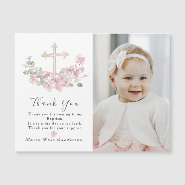 Floral Pink Baptism Cross Thank you Photo Magnet (Anverso)