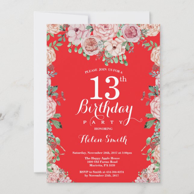 Floral Pink Peonies Invitación roja 13 de cumpleañ (Anverso)