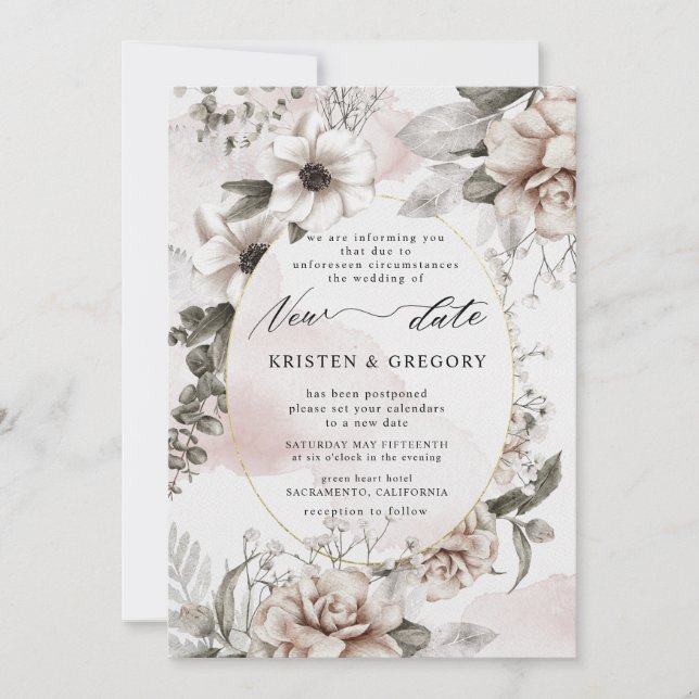 floral plateado nueva fecha boda Invitación (Anverso)