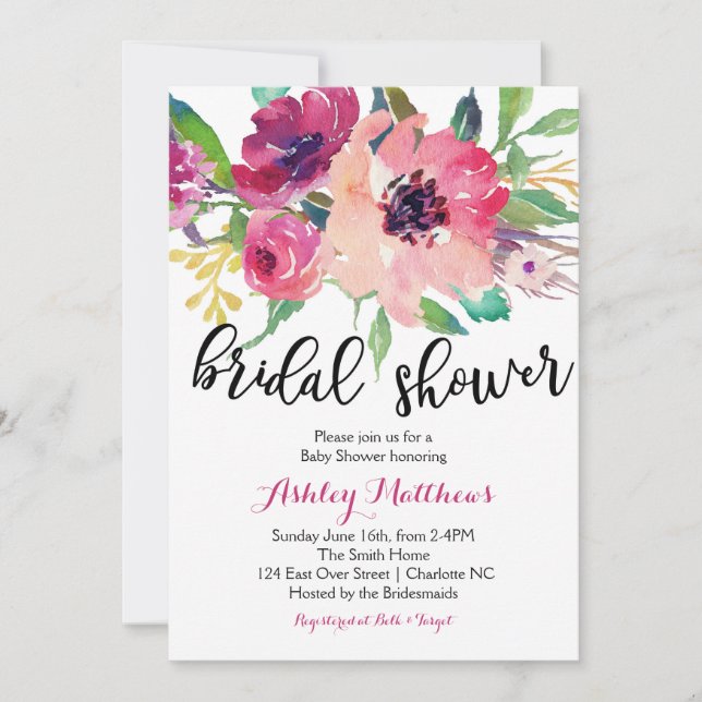 Floral plumas Floral Bridal Shower Invitación (Anverso)