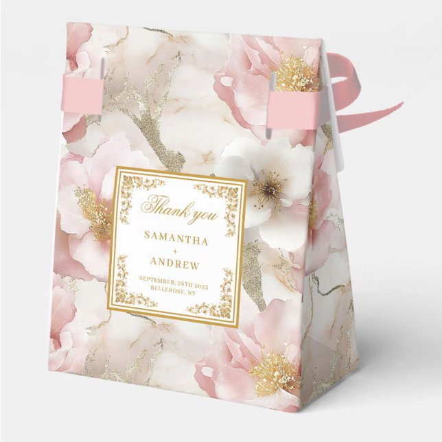 Floral Polvoriento Rosa Marfil Caja de Favor de Bo (Floral Dusty Pink Ivory Gold Wedding Favor Box)