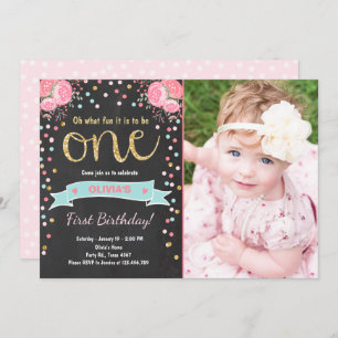 Floral Primer cumpleaños invitación Chica Rosas Pi
