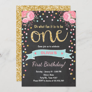 Floral Primer cumpleaños invitación Chica Rosas Pi