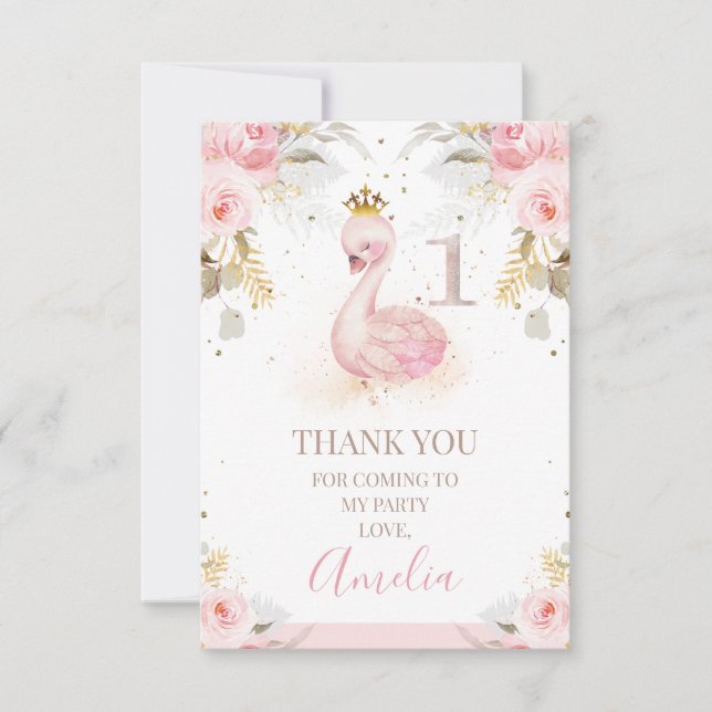 Floral Princess Swan 1er cumpleaños Tarjeta de agr (Anverso)