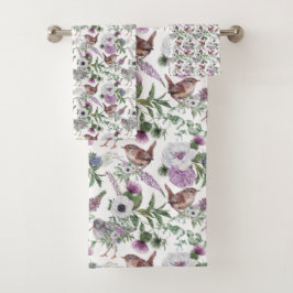 Floral Purple Green Songbirds Illustration
