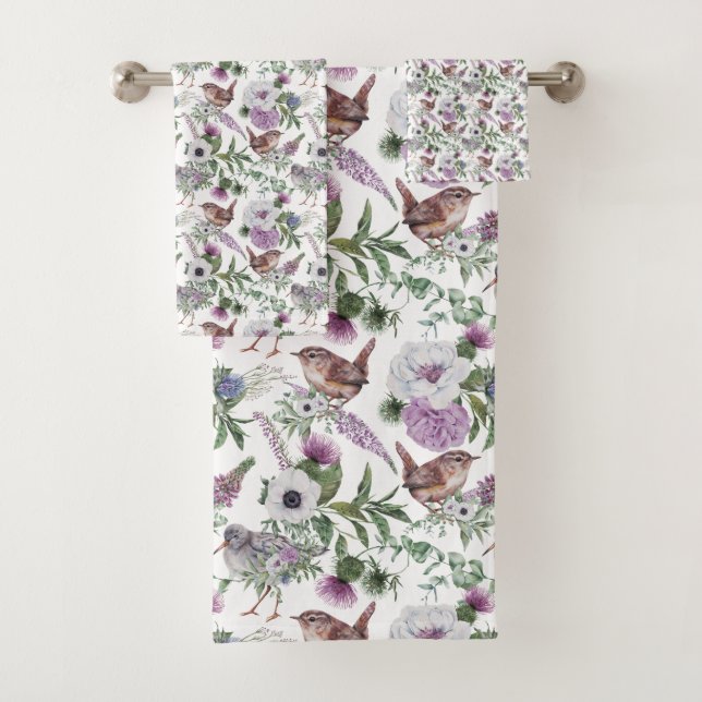 Floral Purple Green Songbirds Illustration (In situ)