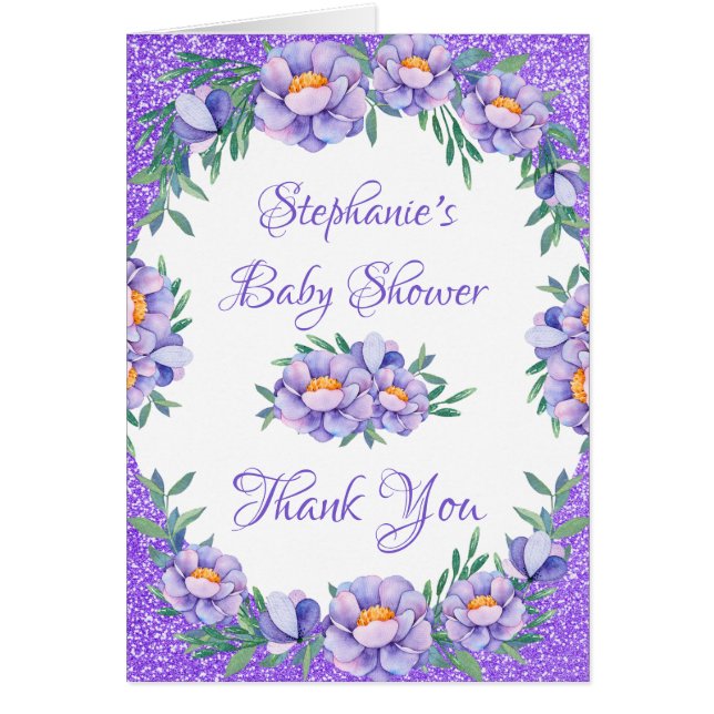 Floral Purple Purpurina Baby Shower Gracias (Frente)