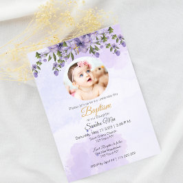 Floral púrpura con invitación al bautismo fotográf