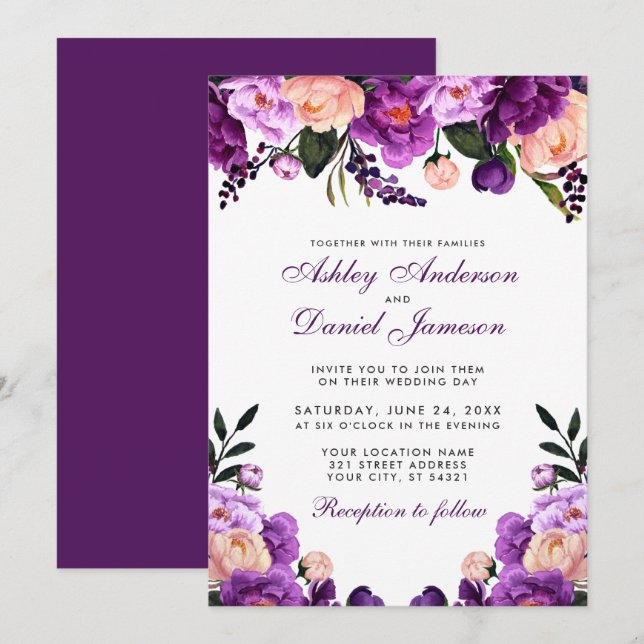Floral púrpura ultrvioleta | Invitación a bodas P (Anverso / Reverso)
