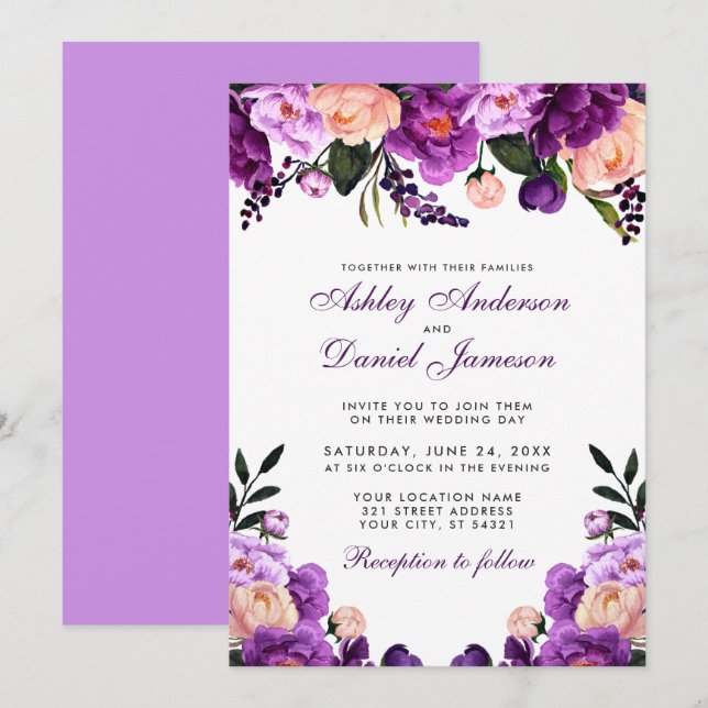 Floral púrpura ultrvioleta | Invitación a la boda  (Anverso / Reverso)