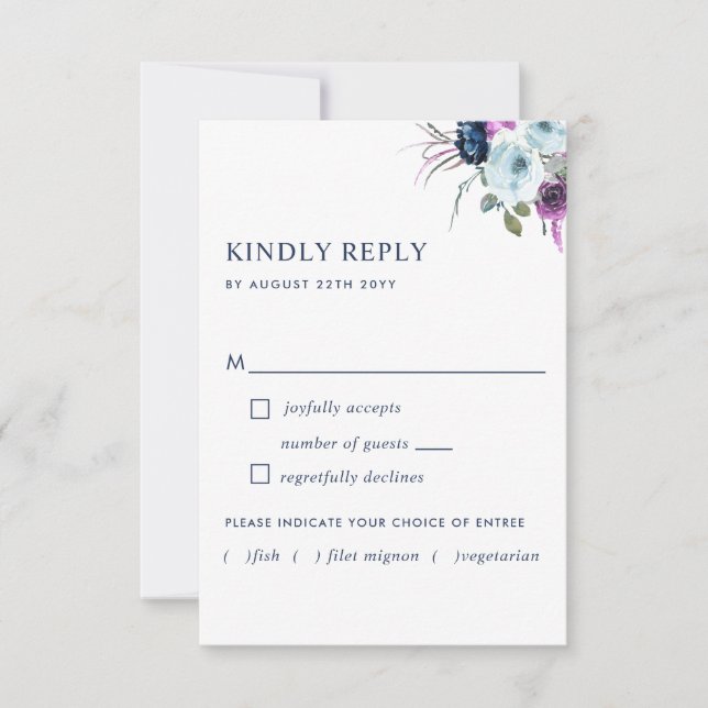 Floral púrpura y azul sin opciones de comidas RSVP (Anverso)