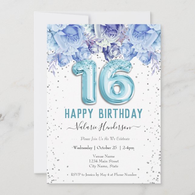 Floral Purpurina Luz Azul Feliz 16 cumpleaños (Anverso)