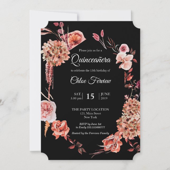 Floral Quinceañera Invitación negra (Anverso)