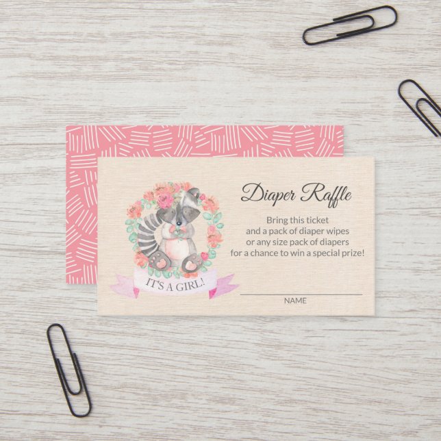Floral Raccoon Baby Shower Diaper Raffle Ticket (Anverso/Reverso In Situ)