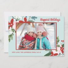 Floral Red Aqua Navidades tarjeta fotográfica de v