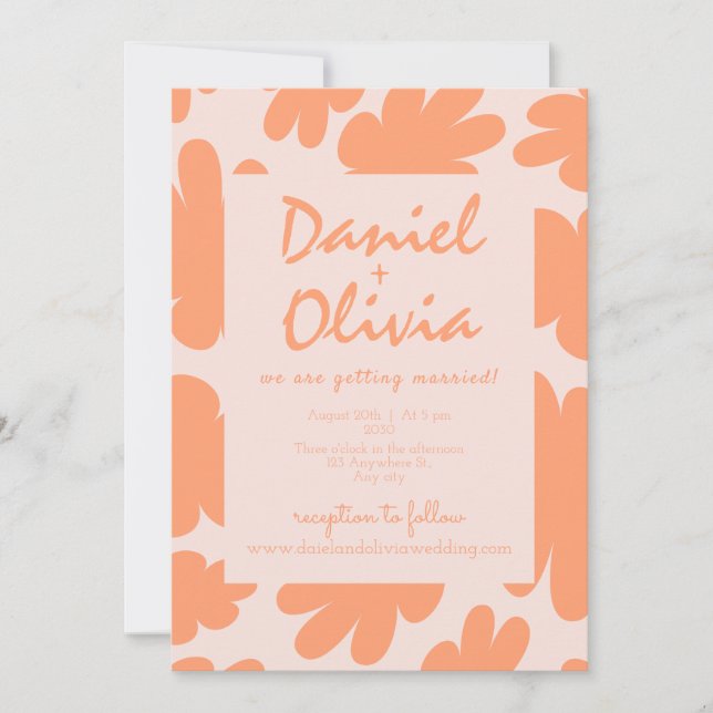 Floral retro beige con invitación a matrimonio de  (Anverso)