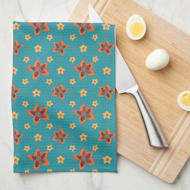 Floral retro y polkas sobre toalla de cocina Verde (Doblado Cuarto)