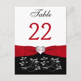 Floral roja blanca negra, tarjeta número de tabla 