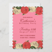 Floral roja en invitación a cumpleaños rosado