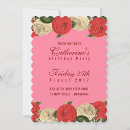 Floral roja en invitación a cumpleaños rosado