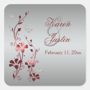 Floral roja y plateada con Pegatina de mariposas