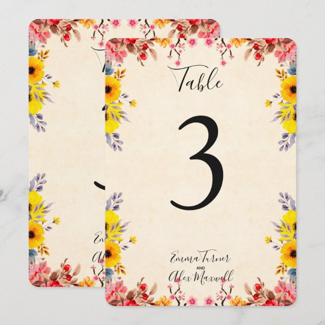 Floral Romántica | Cartas de número de mesa (Anverso / Reverso)