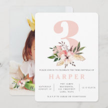 floral rosa 3 cumpleaños fiesta invitación a la fo