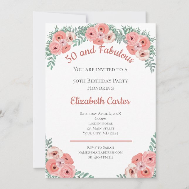 Floral rosa 50 y fabuloso cumpleaños (Anverso)