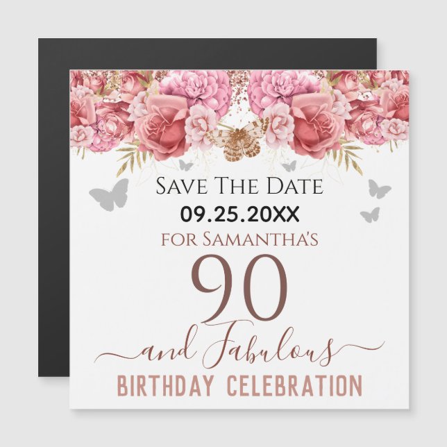 Floral Rosa 90 cumpleaños Save the Date Magnet (Anverso/Reverso)