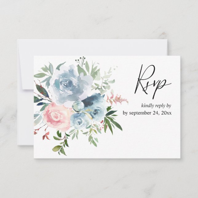 Floral rosa azul turbio y Rubor con tarjeta RSVP d (Anverso)