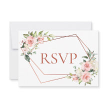 Floral rosa de cobre geométrico sin menú RSVP