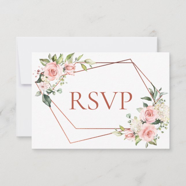 Floral rosa de cobre geométrico sin menú RSVP (Anverso)